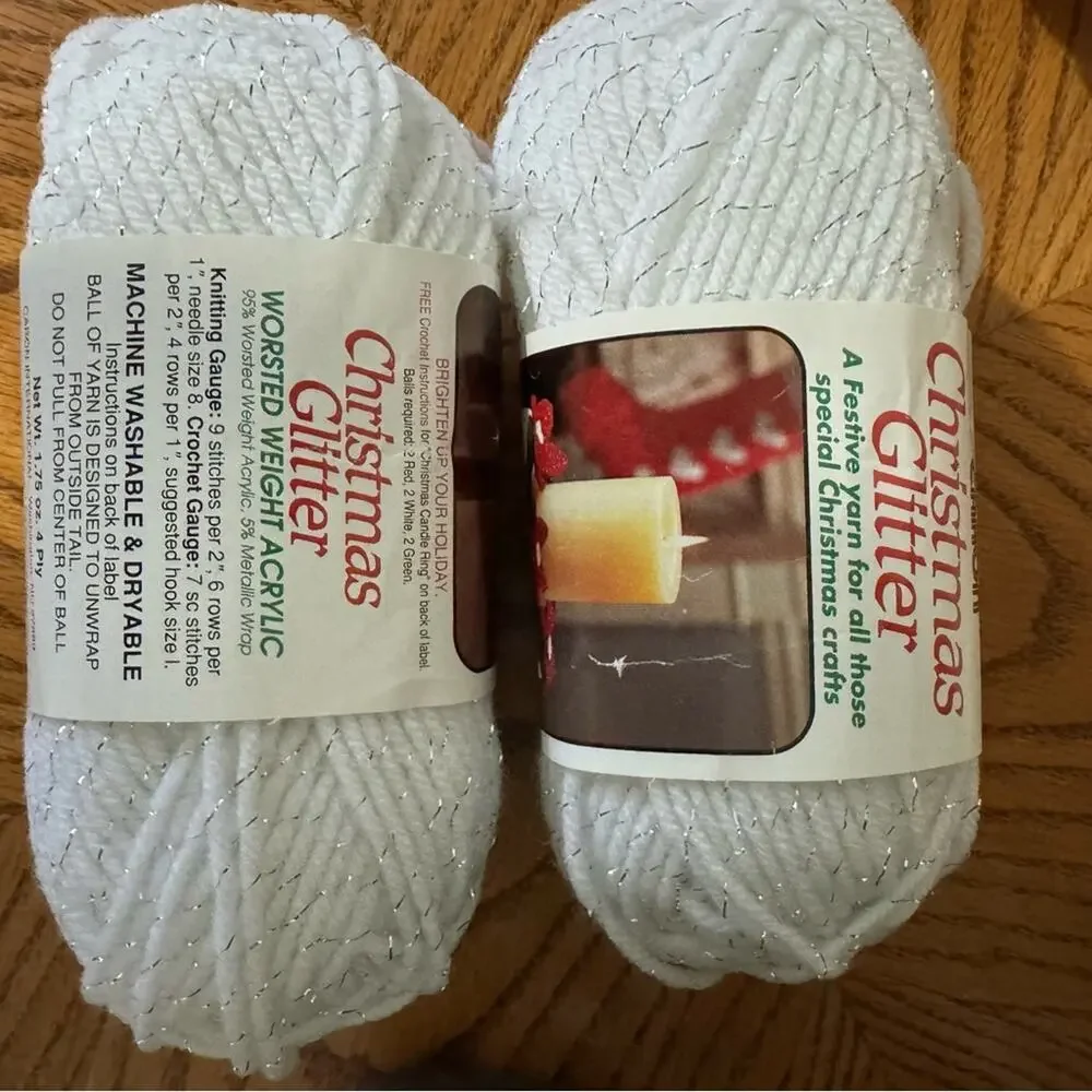 Caron Christmas Glitter Yarn Lot White Silver Sparkle Worsted 3 Skeins